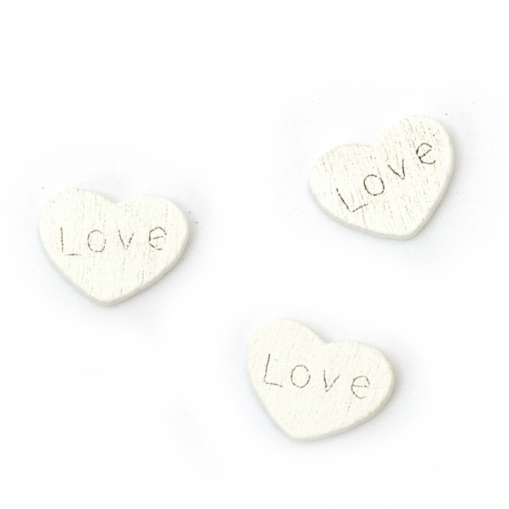 Wooden Heart with Inscription LOVE for DIY Decoration, 9x12x1.5 mm, White -10 pieces