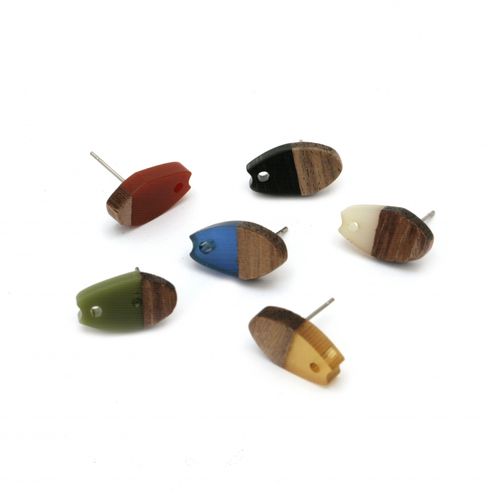 Pair Bases for Earrings / Wood and Resin, 16x9 mm, Hole: 2 mm, Mixed Colors