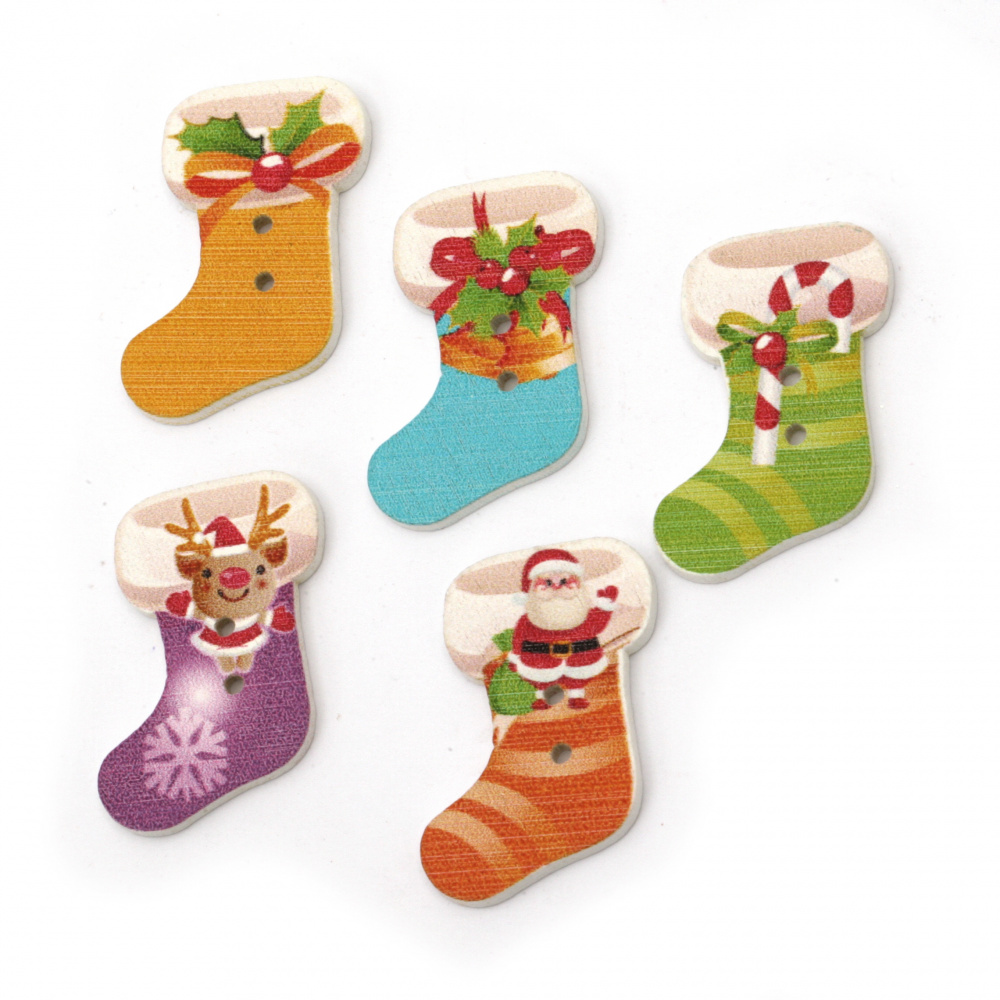 Printed Wooden Buttons / Christmas Sock, 29x21x2 mm, Hole: 1.5 mm, MIX -10 pieces
