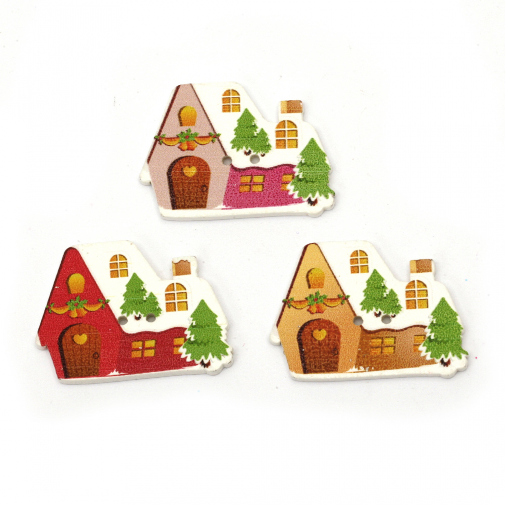 Χριστουγεννιάτικο σπίτι ξύλινο κουμπί 33x25x2 mm τρύπα 2 mm χρώμα MIX -10 τεμάχια
