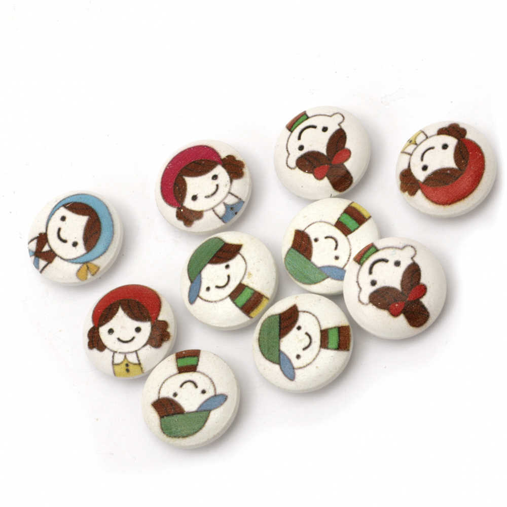 Printed Wooden Buttons / Smiling Children, 20x8 mm, Holes: 2 mm, MIX -10 pieces