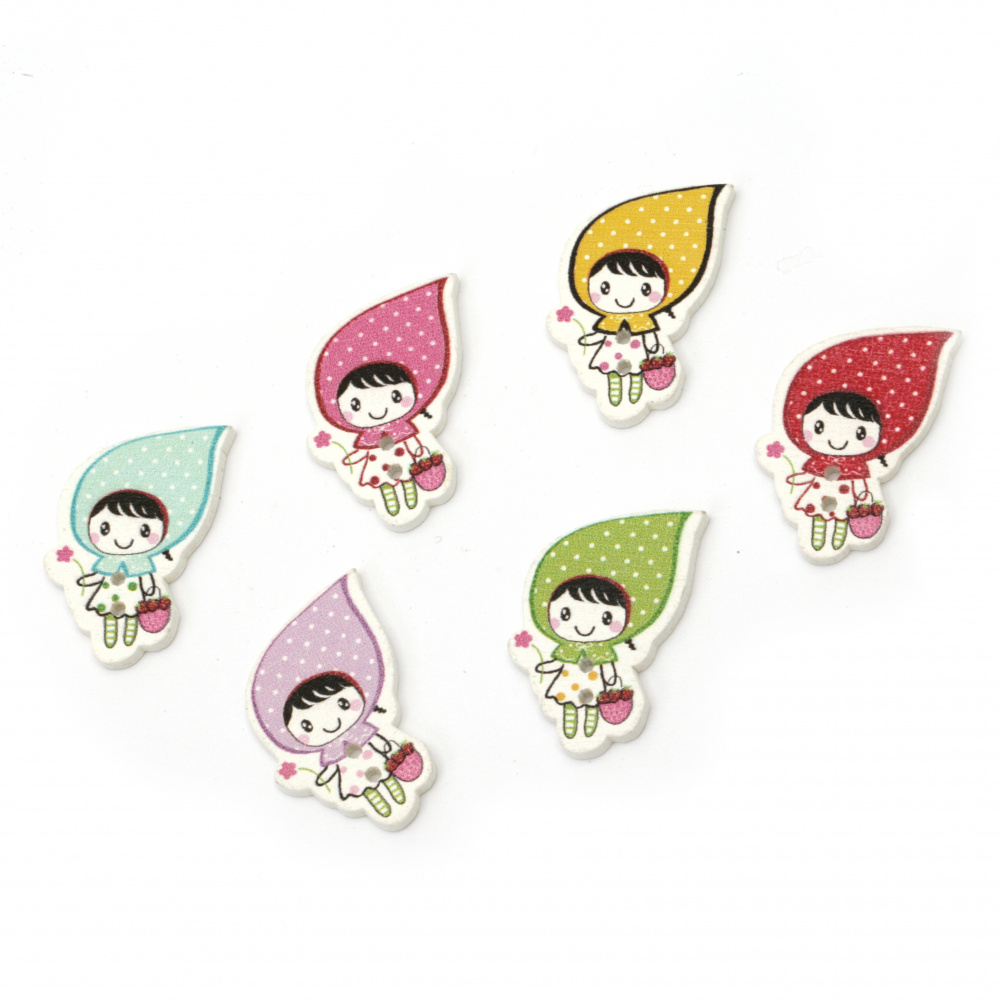 Cute Wooden Button / Smiling Girl for Children Accessories, 33x24x2 mm, Holes: 2 mm, MIX -10 pieces