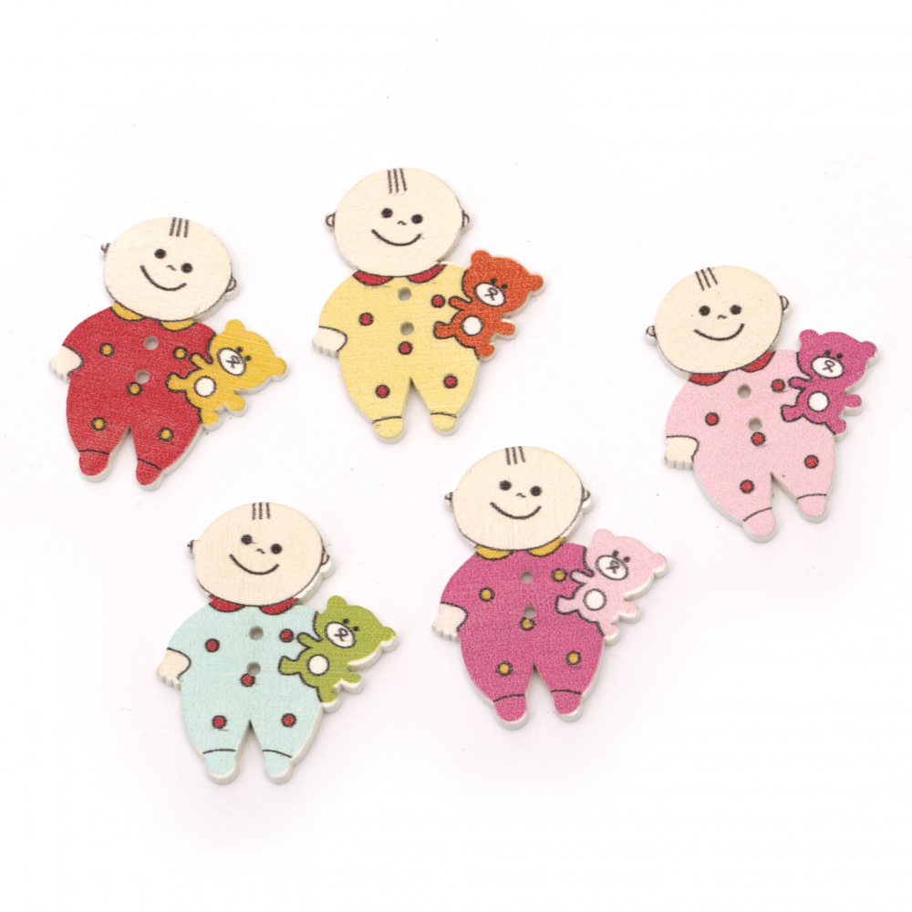 Wooden Baby Buttons, 35x30x2 mm, Holes: 2 mm, MIX -10 pieces