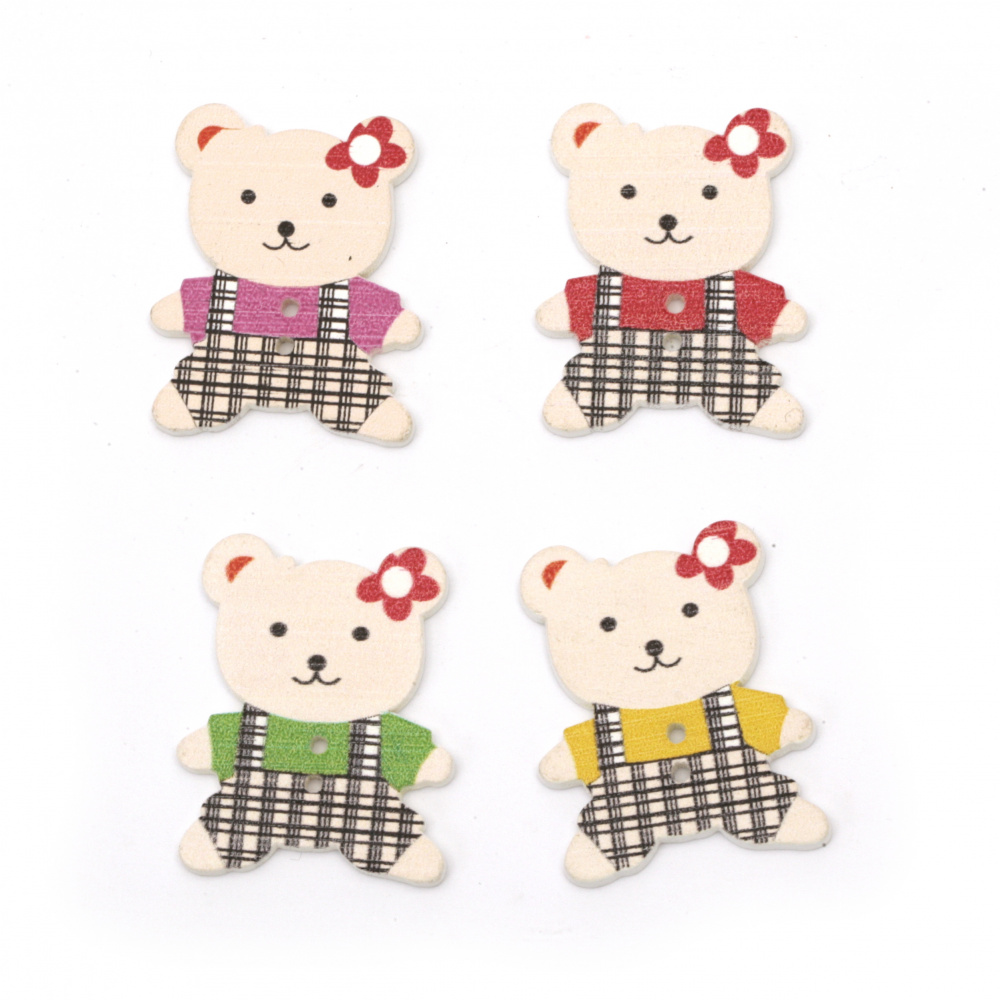 Cute Wooden Button for Children Accessories / Teddy-bear, 35x28x2 mm, Holes: 2 mm -10 pieces