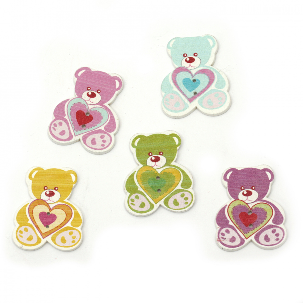 Children's Wooden Buttons / Teddy-bear with Heart, 39x31x2 mm, Holes: 2 mm -10 pieces