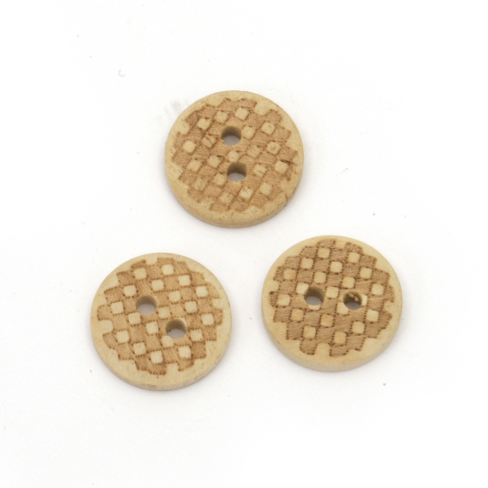 Natural Engraved Wooden Button, 15x3 mm, Holes: 2 mm -10 pieces