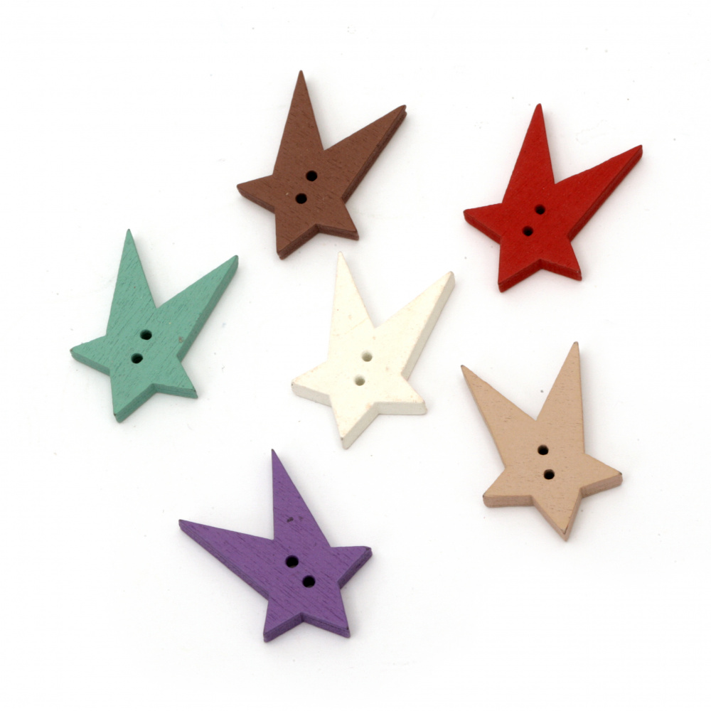Wooden Button for DIY Accessories and Decoration / Falling Star, 31x21x4 mm, Holes: 2 mm, MIX -10 pieces