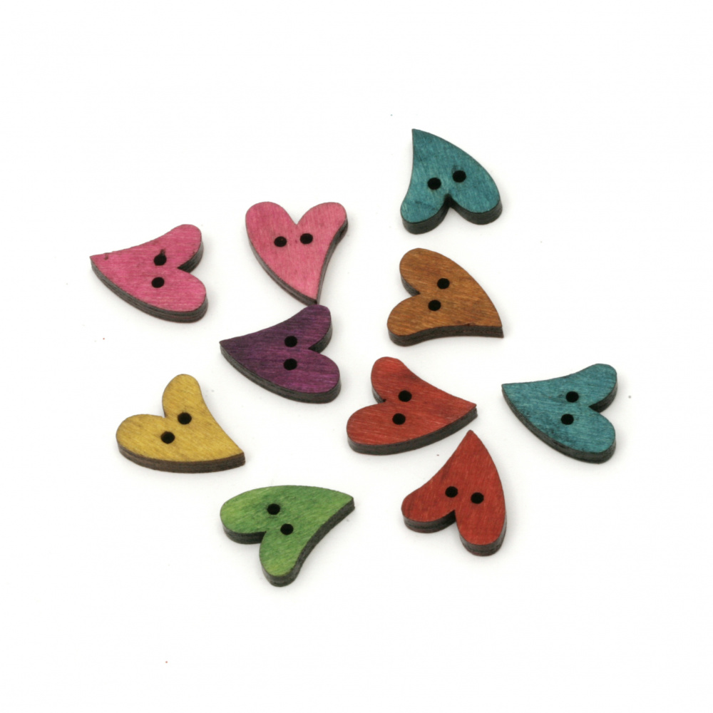 Colored Wooden Heart Buttons, 20x16x4 mm, Holes: 2 mm, MIX -10 pieces