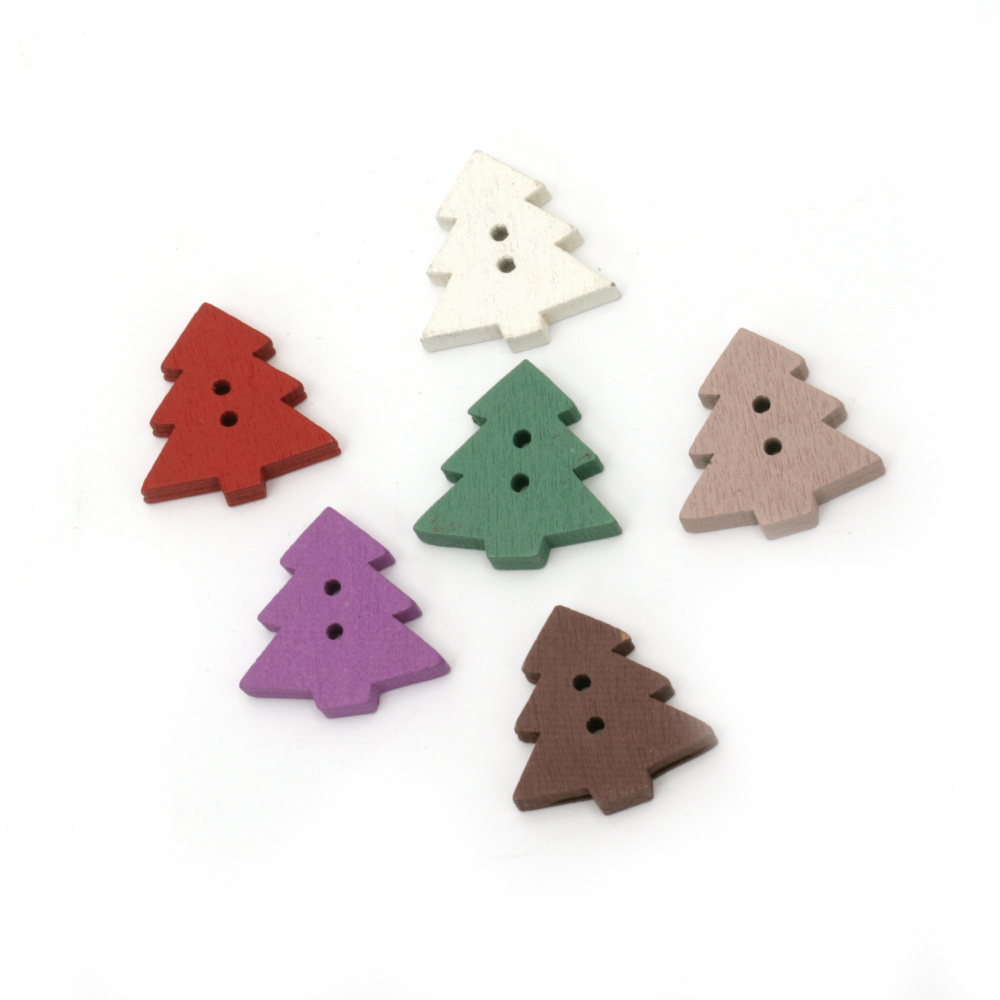 Colored Wooden Button / Christmas Tree, 23x22x4 mm, Holes: 2 mm, MIX -10 pieces