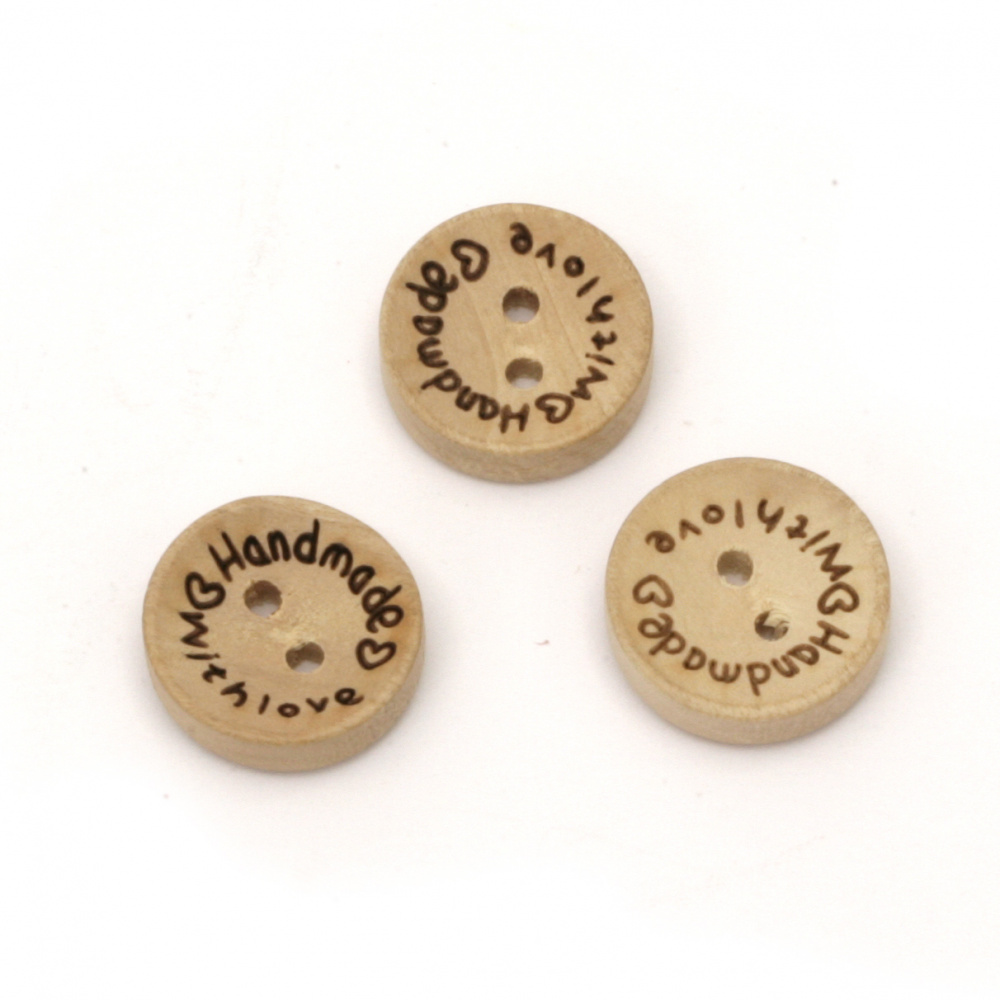 Engraved Wooden  Button - Handmade with LOVE,15x3.5 mm, Holes: 2 mm -20 pieces