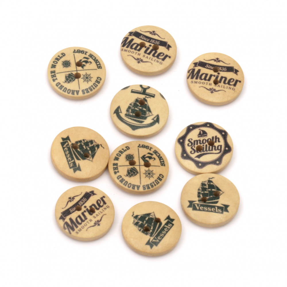 Printed Wooden VINTAGE Buttons, 20x5 mm, Holes: 2 mm, MIX -10 pieces