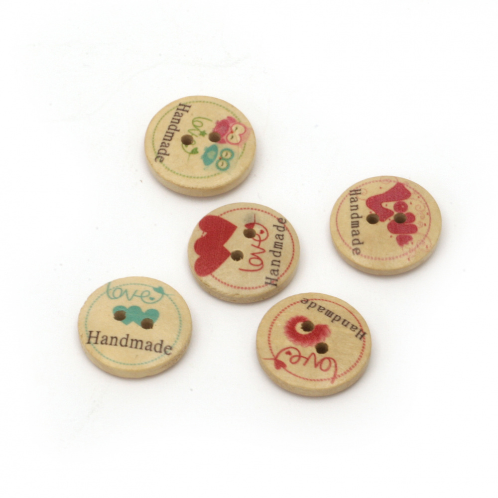 Natural Wooden Button - LOVE Handmade, 20x4.5 mm, Holes: 2 mm -10 pieces