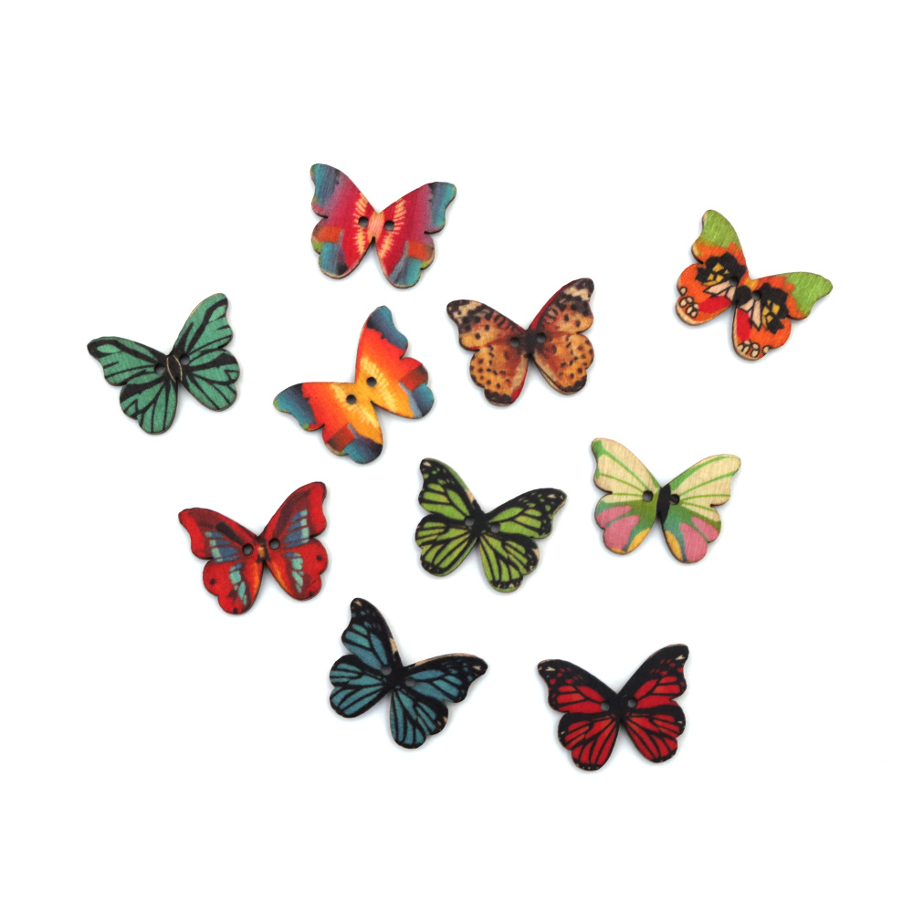 Patterned Wooden Butterfly Button, 21x28x2.5 mm, Holes: 1 mm, MIX -10 pieces