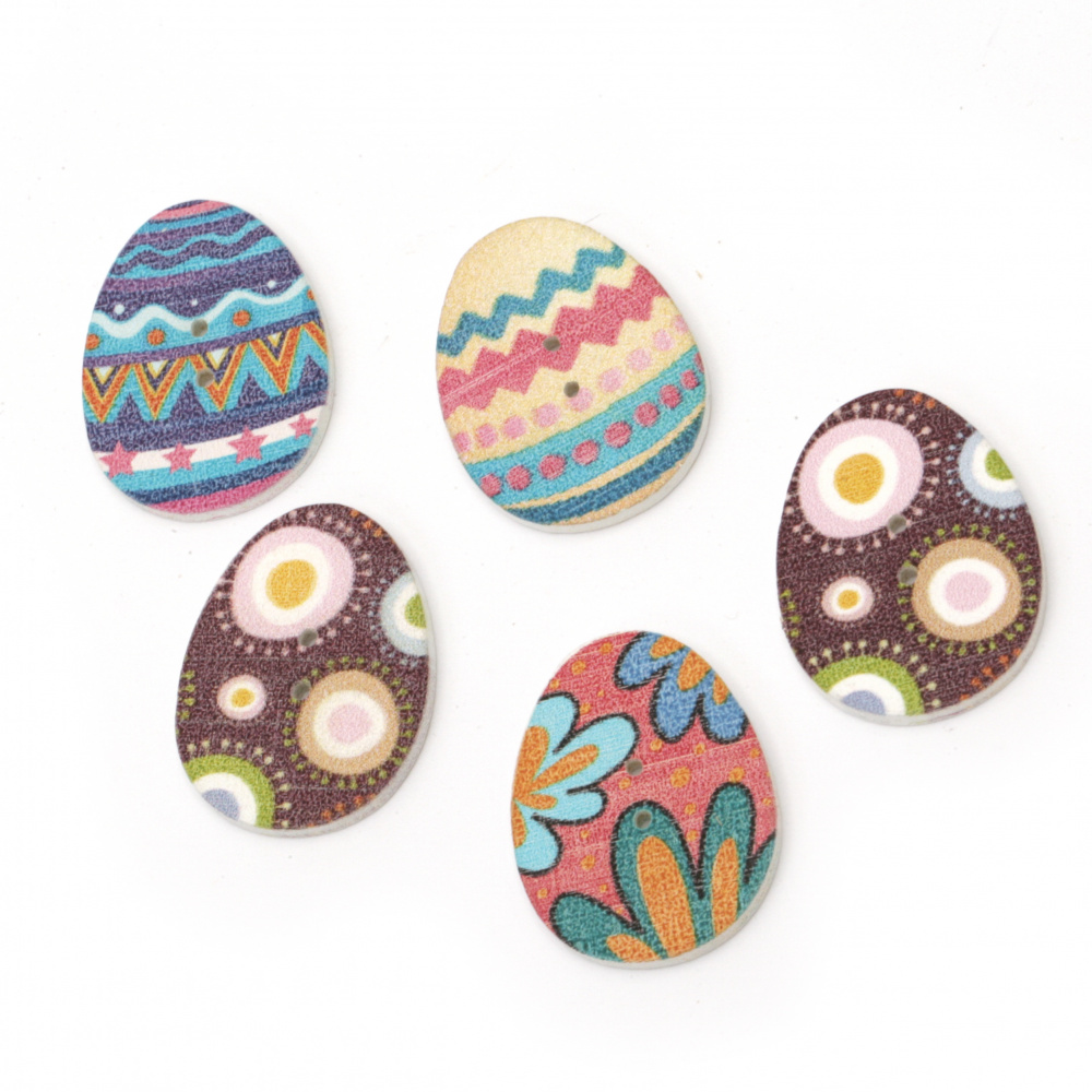 Patterned Wooden Buttons / Easter Egg, 31x23x2 mm, Holes: 1 mm, MIX -5 pieces