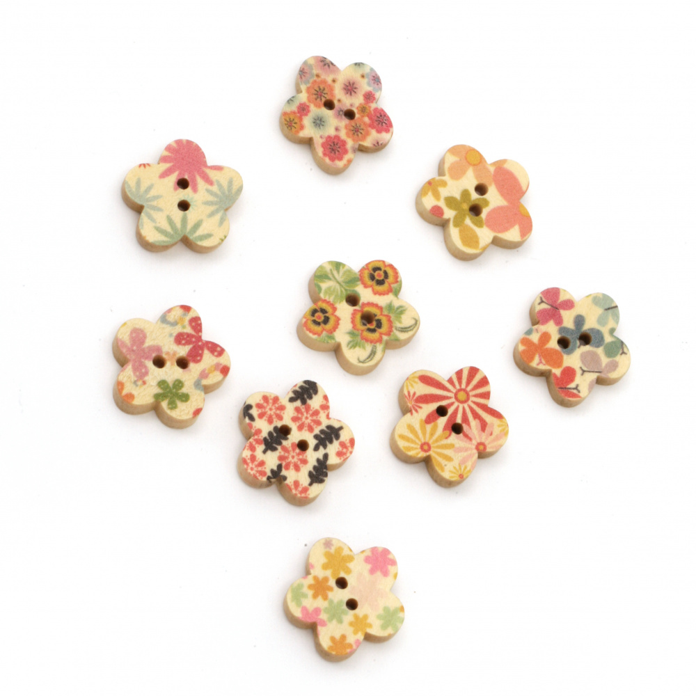 Wooden Patterned Buttons /  Flowers, 17x3 mm, Holes: 1.5 mm, MIX -10 pieces