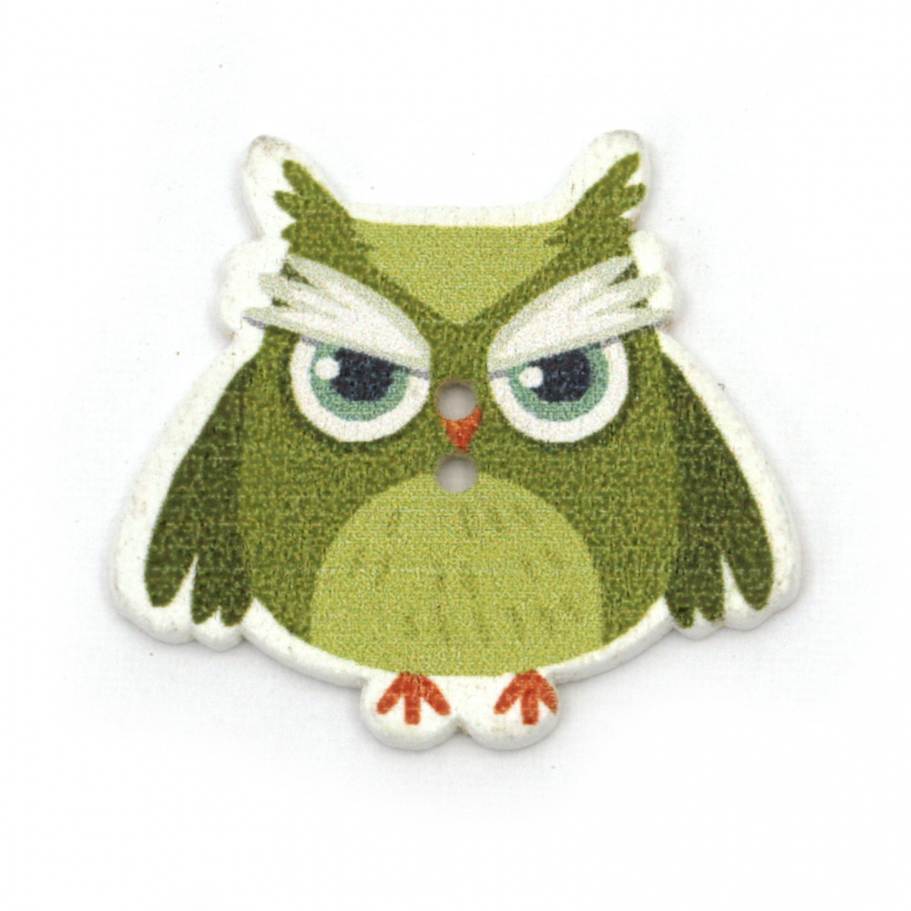 Wooden Owl Button, 25x28x1.5 mm, Holes: 1 mm, Green -10 pieces