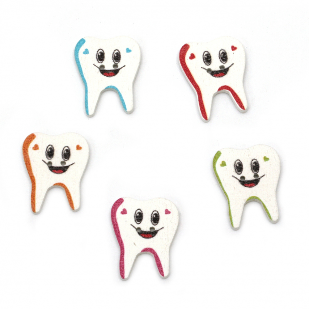Children Wooden Buttons / Happy Tooth, 22x27x2 mm, Holes: 1 mm, MIX -10 pieces