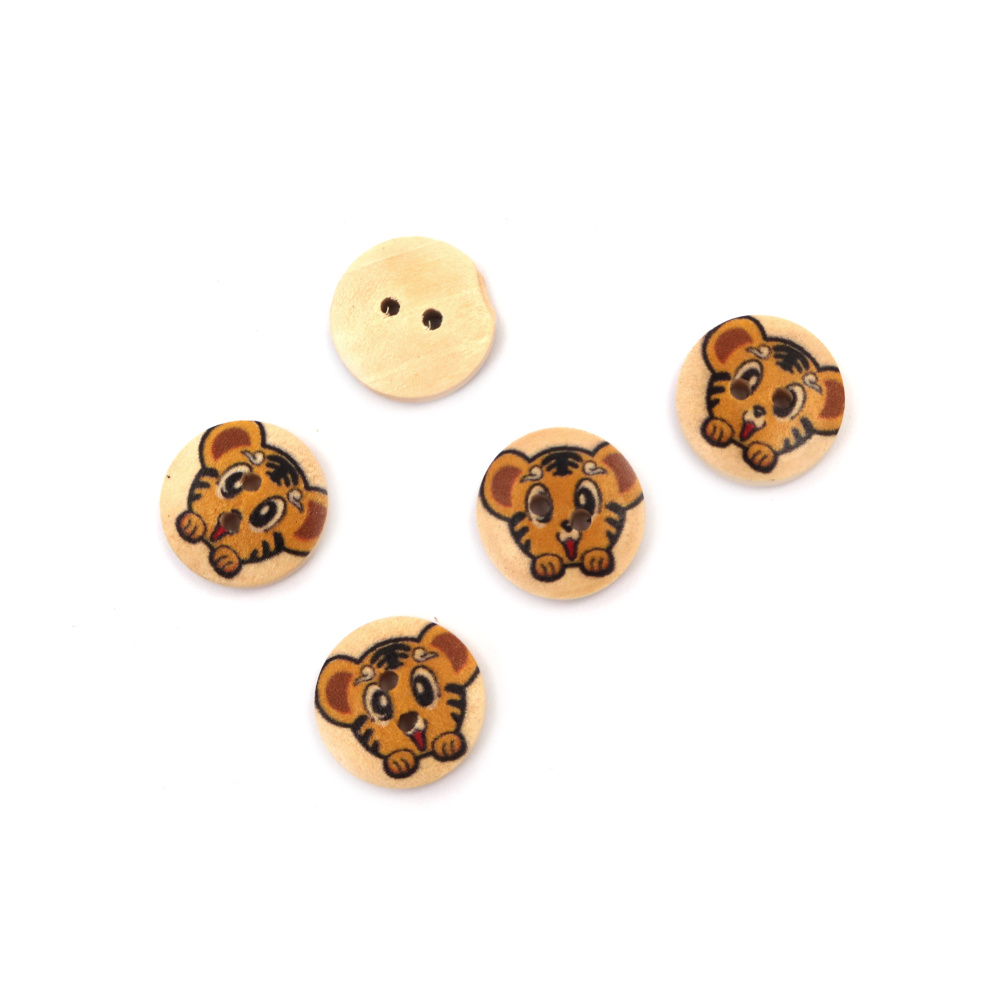 Wooden Round Button / Cartoon Tiger, 18x4 mm, Holes: 2 mm, White -10 pieces