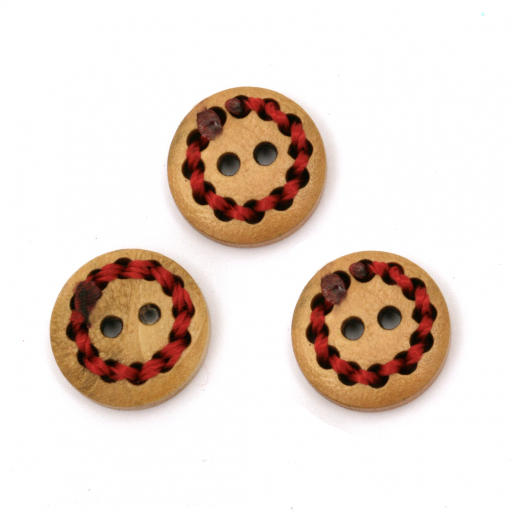 Natural Round Wooden Button with Yarn Thread, 15x4 mm, Holes: 1.5 mm -10 pieces