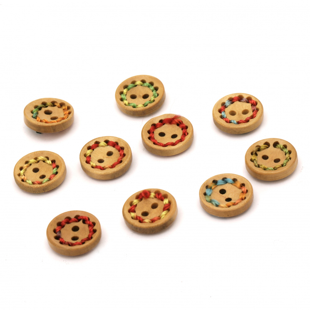 Natural Wooden Button with Yarn Тhreads, 15x4 mm, Holes: 1.5 mm, MIX -10 pieces