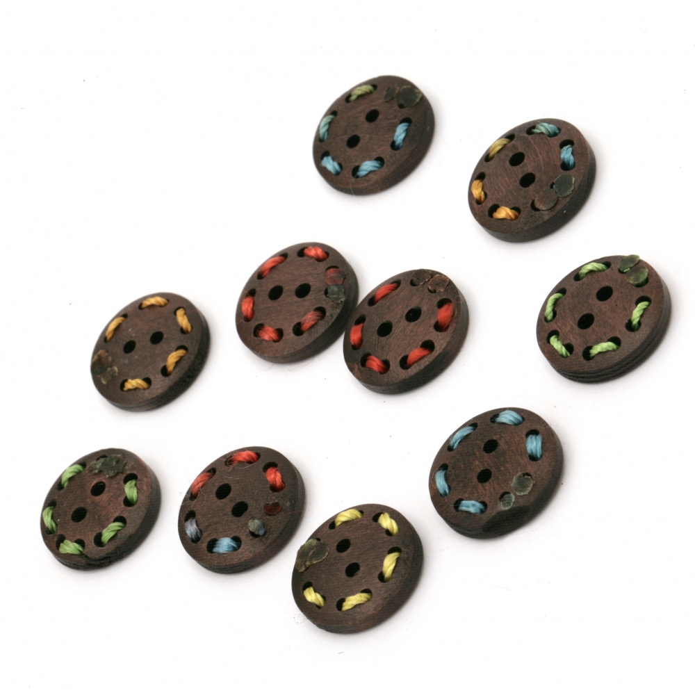 Dark Wooden Buttons with Colorful Threads, 18x4 mm, Holes: 1.5 mm MIX -10 pieces