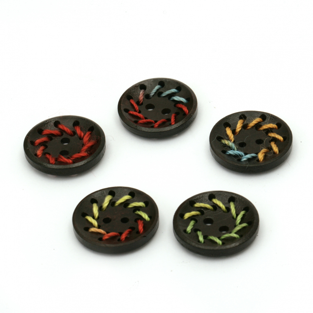 Dark Wooden Buttons with Colorful Threads, 22.5x4.5 mm, Holes: 2 mm, MIX -5 pieces