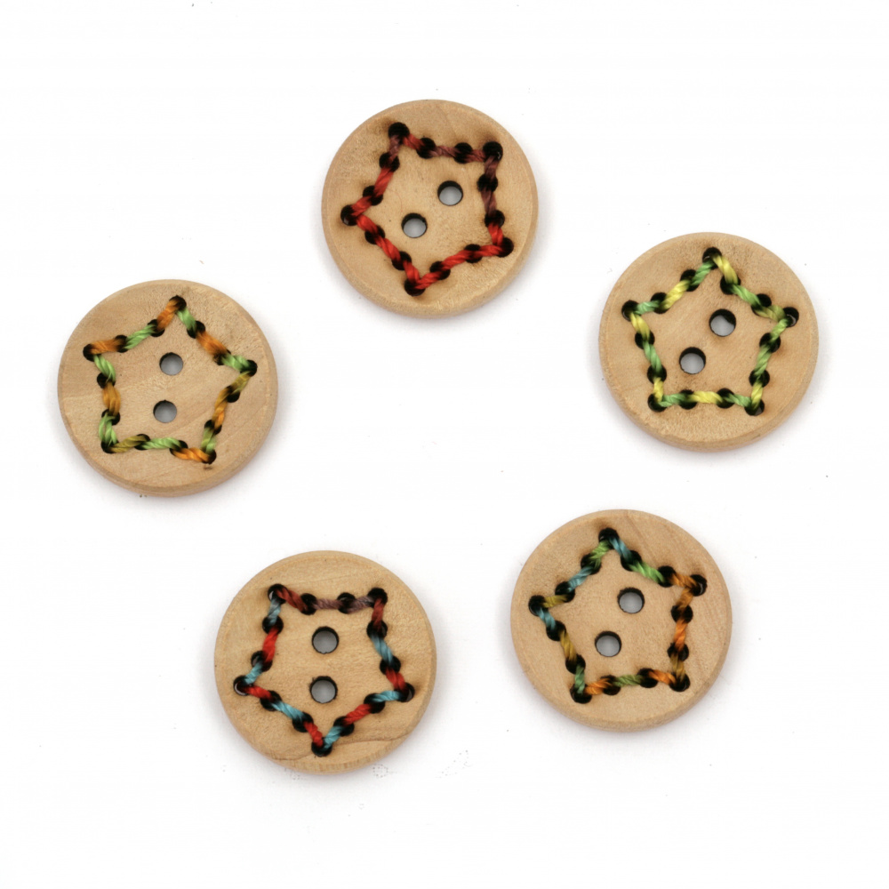 Natural Wooden Round Bead with Threads / Star, 22.5x4.5 mm, Hole: 2 mm, MIX -5 pieces