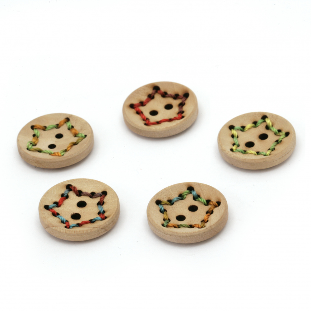 Natural Wooden Round Bead with Threads / Star, 22.5x4.5 mm, Hole: 2 mm, MIX -5 pieces