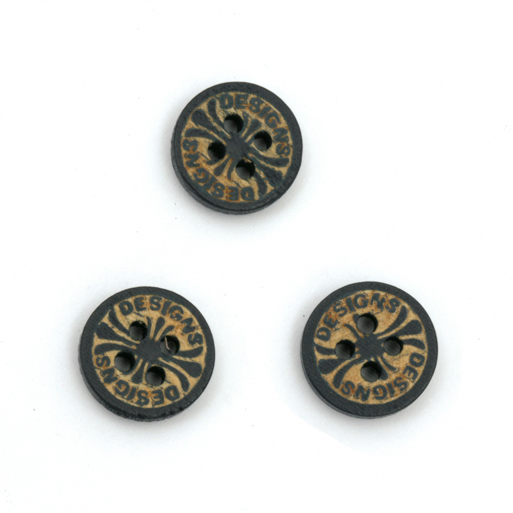 Round Wooden Button with Inscription, 13x3.5 mm, Holes: 2 mm -10 pieces