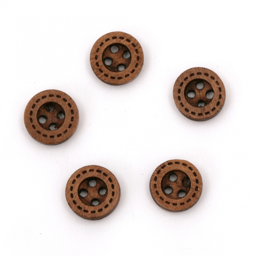 Round Natural Wooden Button, 10x3 mm, Holes: 1 mm, Brown -20 pieces