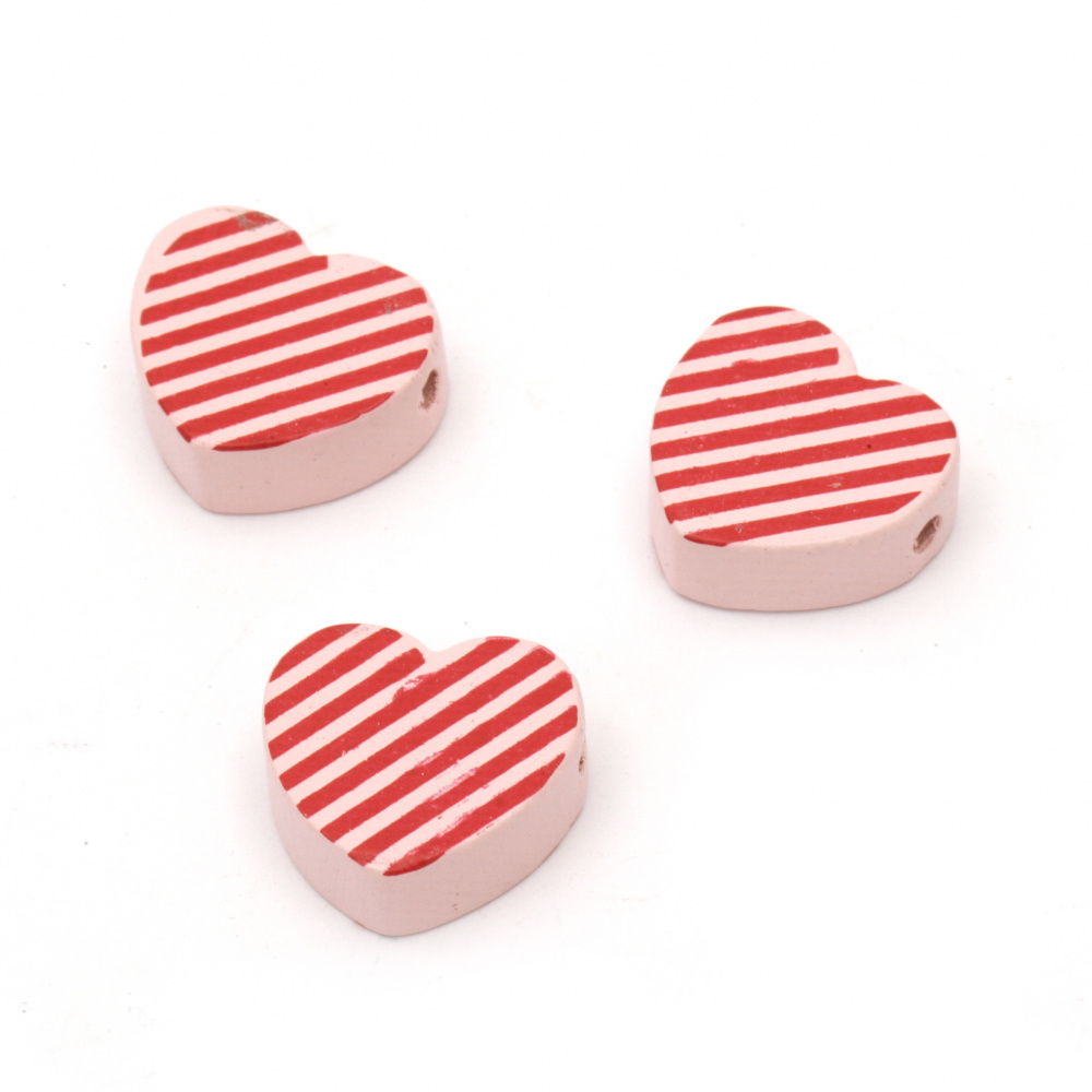 Wooden Striped Heart Bead, 17.5x19.5x7 mm, Pink with Red Stripes - 10 pieces