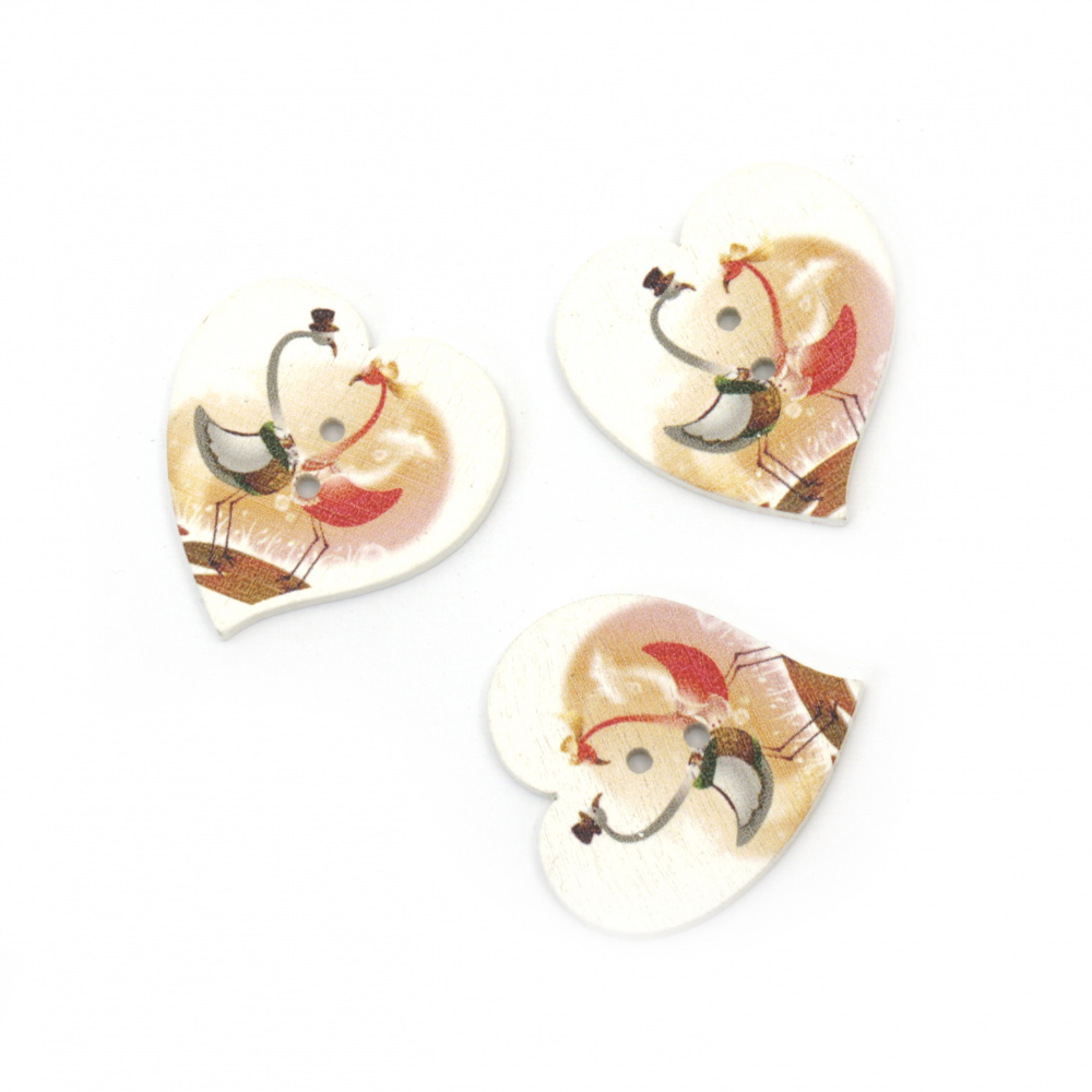 Wooden Heart Buttons with Print, 29x28x2 mm, Hole: 2 mm, White -10 pieces