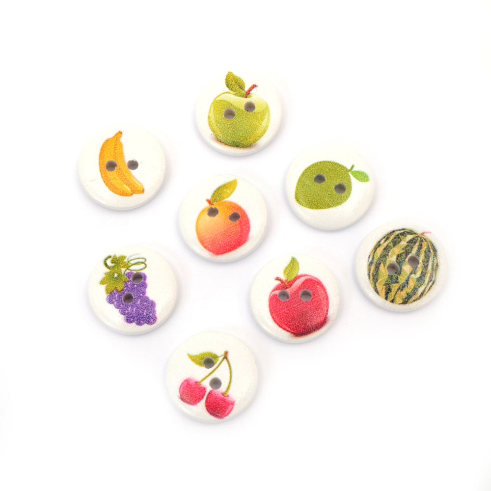 Round Wooden Buttons with Prints / 20x4 mm, Hole: 2 mm / ASSORTED Fruits - 10 pieces