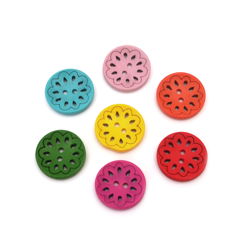 Colored Wooden Buttons, Flowers / 25x4 mm / Hole: 2 mm / MIX - 10 pieces