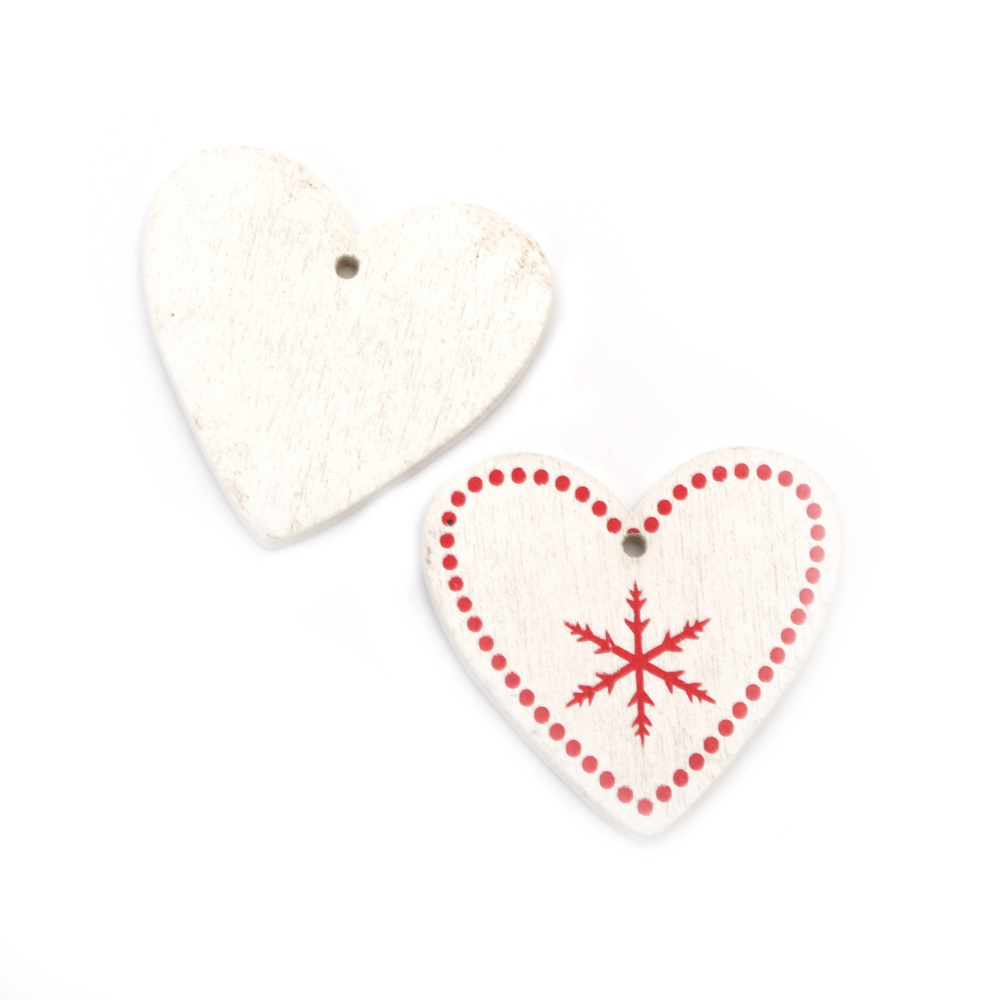 Wooden Heart Pendant for DIY Christmas Decoration / 28x30x3 mm, Hole: 1 mm / White with Red - 10 pieces