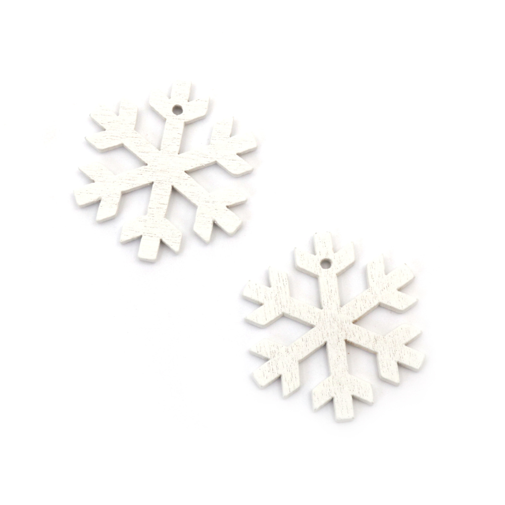 Wooden Snowflake Pendant for Christmas Decoration / 30x27x2 mm, Hole: 1 mm / White - 10 pieces