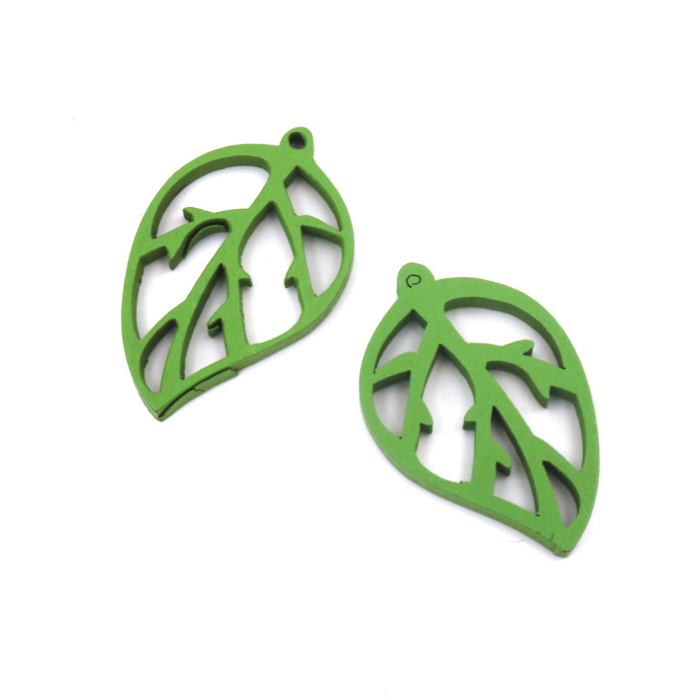 Wooden Leaf Pendant / 41x27x3 mm, Hole: 1 mm / Green - 10 pieces