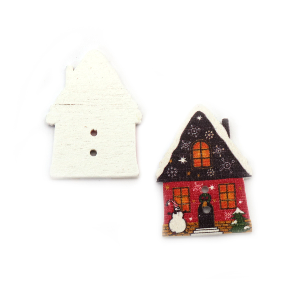 Christmas Wooden Button, House / 33x24x2 mm, Hole: 1.5 mm - 10 pieces