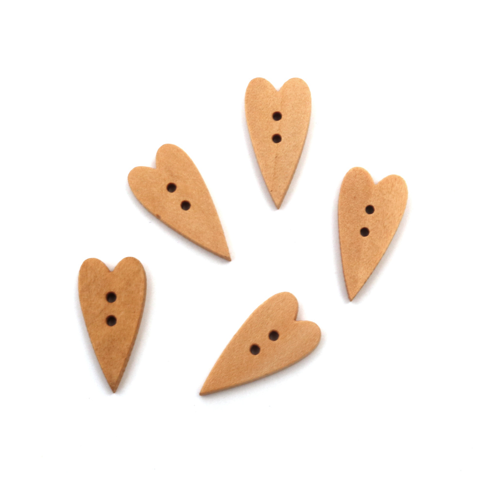 Natural Wood Heart Button /  22x11x3 mm, Hole: 1 mm - 10 pieces