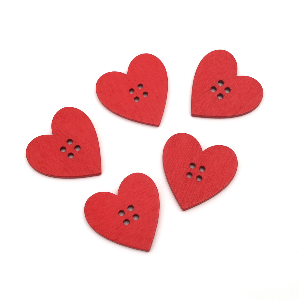 Wood Heart Button / 30x30x3 mm,  Hole: 2 mm / Red - 10 pieces