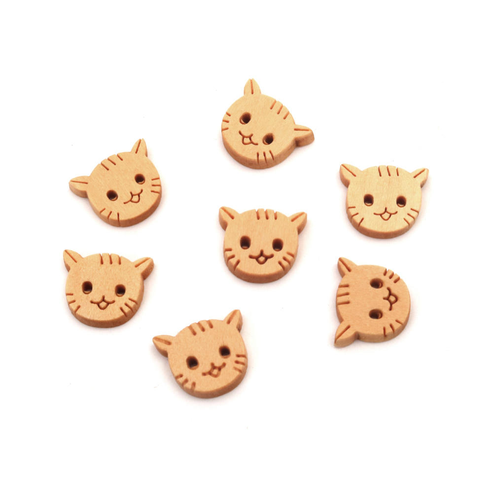 Wooden Cat Face Button / 12x14x3 mm, Holes: 1 mm - 20 pieces