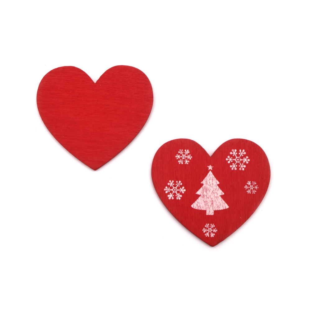 Wooden Heart Shape with Christmas Motifs / 28x31x2 mm /  Red - 10 pieces