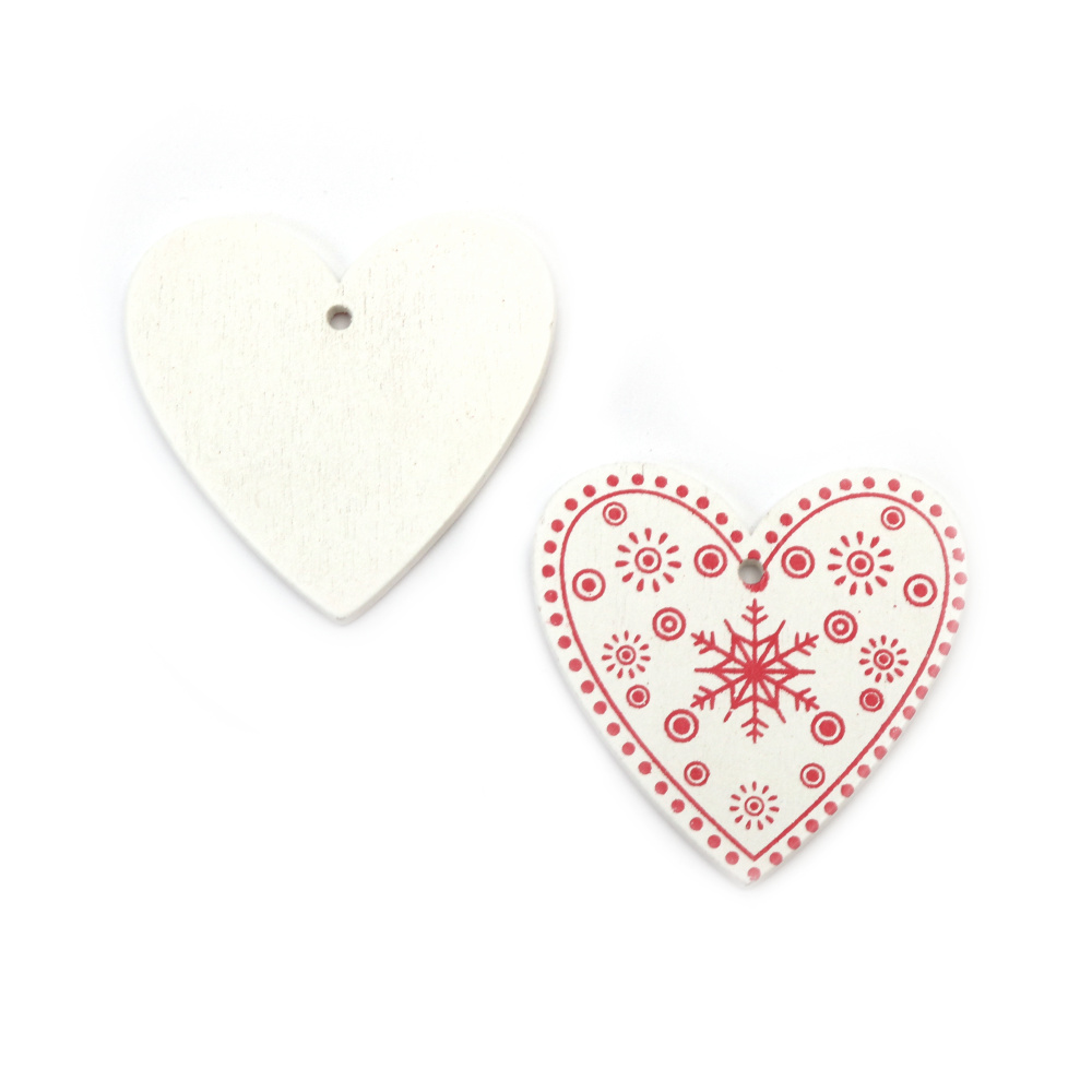 Wooden Heart-shaped Hanging Ornament with Christmas Motifs /  48x50x2 mm, Hole: 3 mm / White with Red - 5 pieces