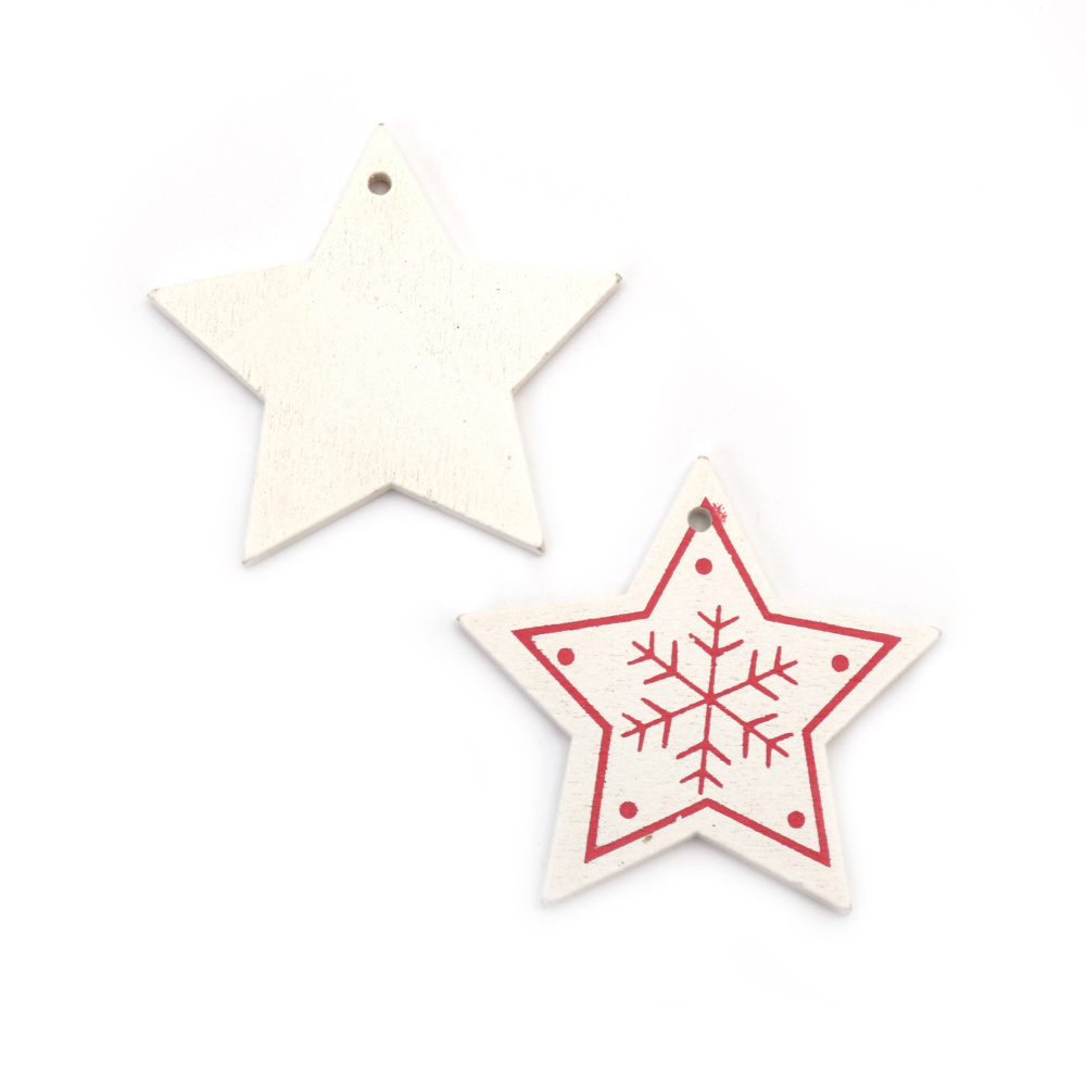 Wooden Star Hanging Ornament / 48x48x2.5 mm, Hole: 2 mm / White with Red - 5 pieces
