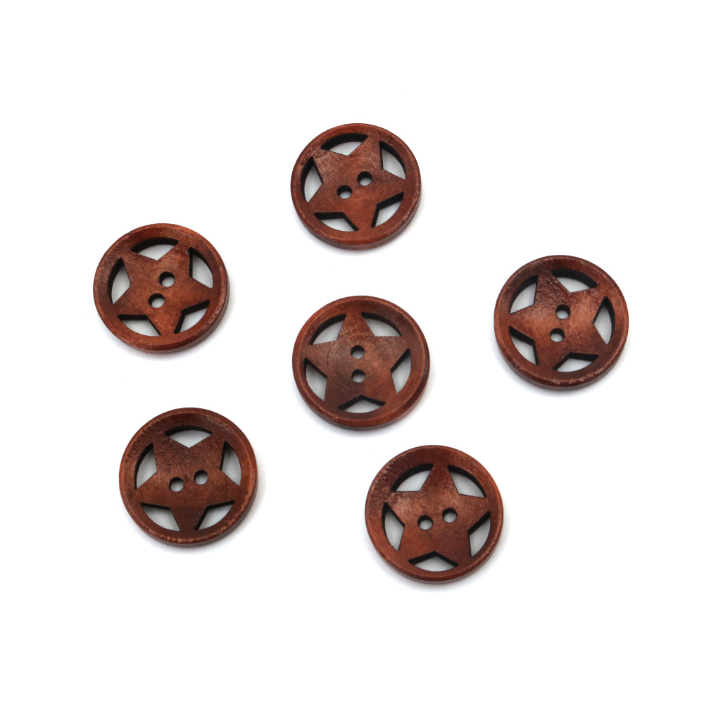 Round Wooden Button with Star /  20x4 mm, Hole: 1.5 mm - 10 pieces