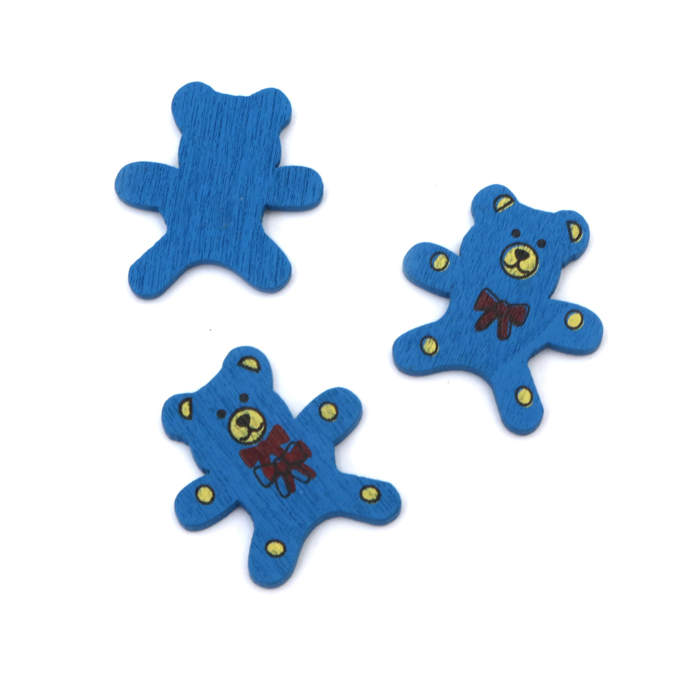 Colored Wooden Teddy Bear Shape / 26x25x2 mm / Blue - 10 pieces