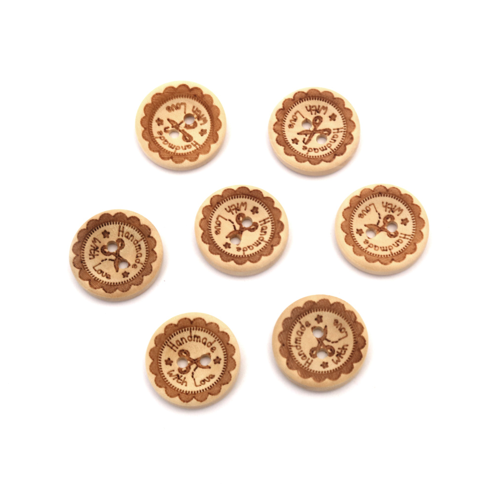 Wooden Craft Buttons, "Handmade with Love" / 20x4 mm, Holes: 2 mm - 10 pieces