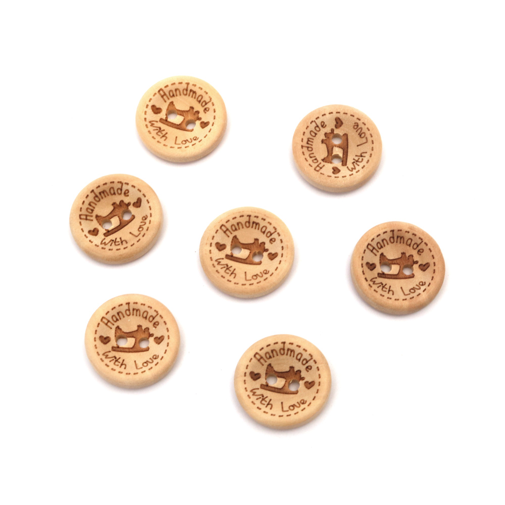 Natural Wood Button, "Handmade with Love" / 20x4 mm, Hole: 2 mm - 10 pieces
