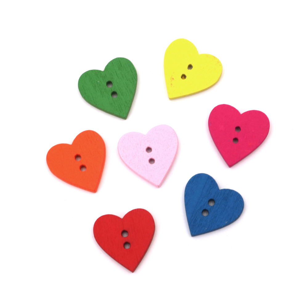 Colored Wooden Heart-shaped Buttons / 18x18x2 mm, Hole: 1 mm / MIX - 20 pieces
