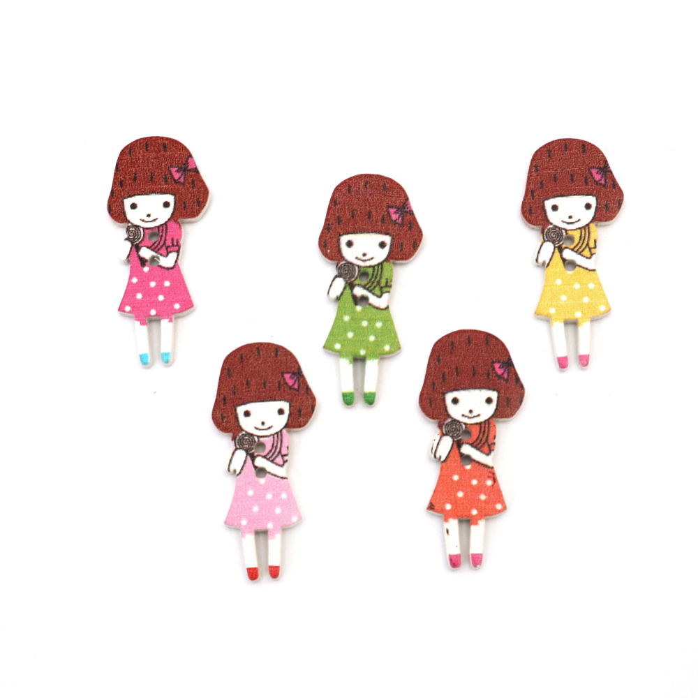 Wooden Craft Button, Cute Girl /  36x16x2 mm, Hole: 1 mm / MIX - 10 pieces